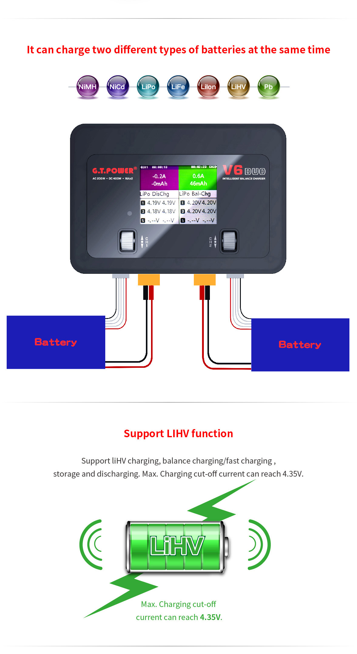 G.T. Power 100-240V Input 1-6S 16A x 2 Dual Output Balance Charger